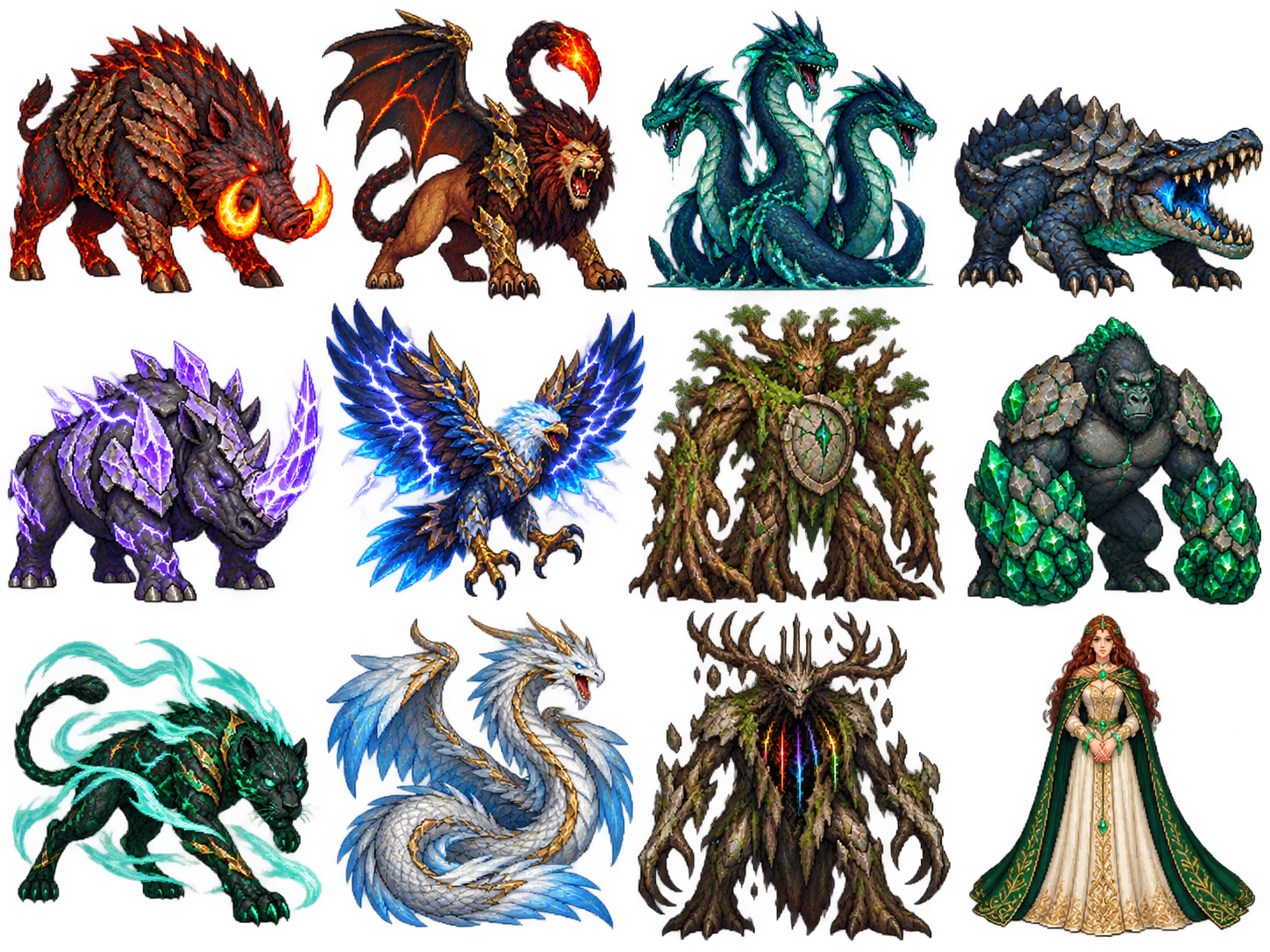 Transparent sprite atlas: ten distinct wardens, Hollow King and Princess Aveline