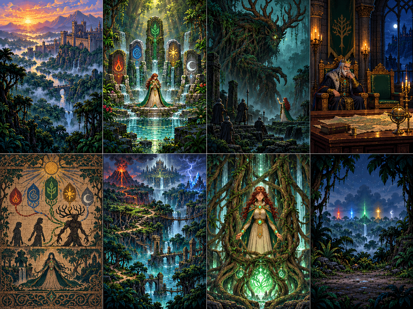 Eight jungle, kingdom, sanctuary, throne room and princess cinematic scene paintings